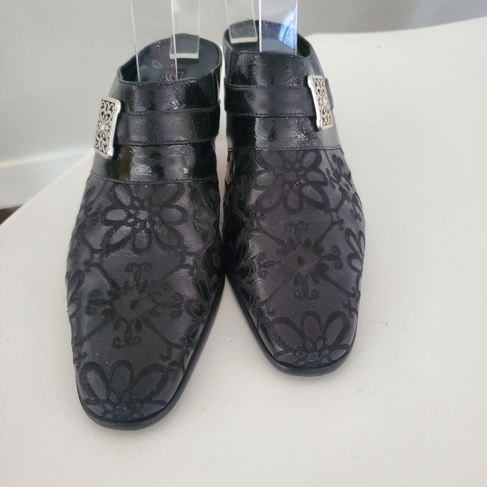 Brighton Tile black leather embroidered floral slip-on heeled mules $225 8M - Picture 2 of 5